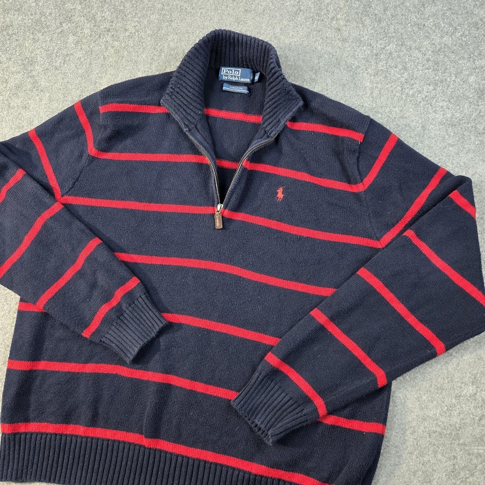 Polo Ralph Lauren Sweatshirt Mens XL Blue Red Striped 1/4 Zip Pony Preppy